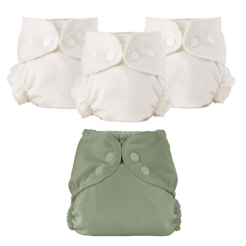 Esembly Cloth Diaper Bundle Set - 3 Organic Cotton Absorbent Inners and 1 Waterproof Outer Diaper Cover - Reusable, Washable, Snap Closure Cloth Diapers - Size 1 (7-17lbs), Aloe