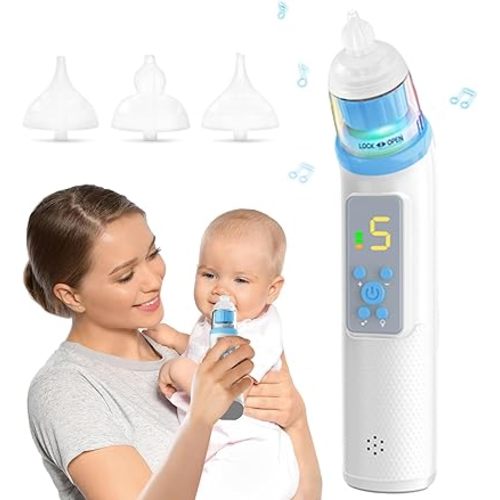 Nasal Aspirator for Baby, Electric Nose Suction for Baby Nose Sucker with 5 Suction Levels, Waterproof Nose Aspirator for Toddlers with 3 Silicone Tips, Music and Light Soothing Function, Blue