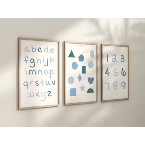 Set of 3 Blue Alphabet and Shapes Nursery Art Prints, Education Wall Decor, Boys Nursery, Nursery Decor, Baby Boy Play Room Ideas 067