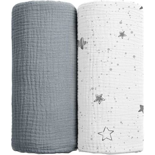 lulumoon Muslin Swaddle Blanket Baby - Receiving Swaddling Blanket Baby for Neutral Registry Gift 2Pack(Starry Sky Gray), Printed