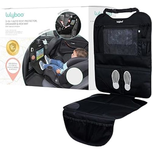Lulyboo Car Seat Protection for Baby Carseat - Car Seat Organizer Back Seat - Behind Backseat Car Organizer for Kids Stuff, Toys, Tablet, Storage - Front & Rear Facing Kick Mat Seat Protector Black