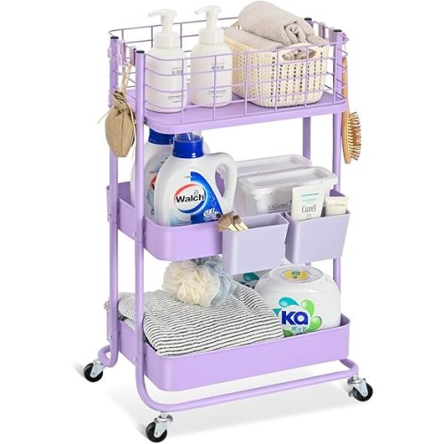 KINGRACK 3 Tier Utility Cart, Metal Rolling Cart Organizer, Storage Cart on Wheels, Book Cart, Diaper Cart for Bathroom, Kitchen, Office, Bedroom, Purple
