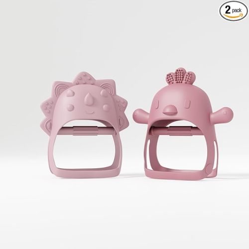 Baby Teether Pack of 2 Wearable teether Pink Pacifier Teether Toy - Little Chick Teether Mini Dino Teether - Rose Pink Teether and Turkish Pink by Muqee Peeko