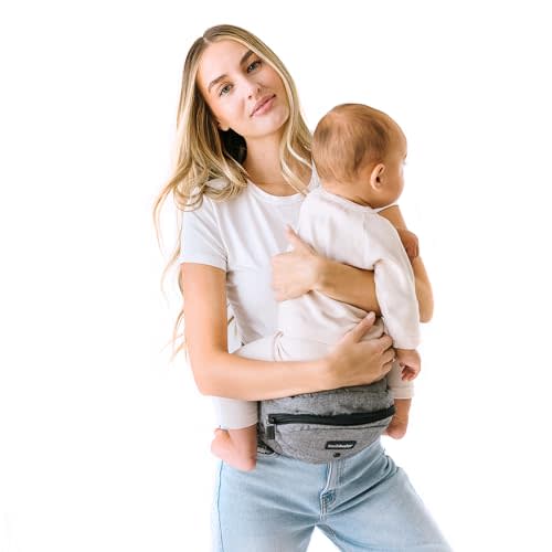 TushBaby Safety-Certified Hip Carrier for Babies & Toddlers: Machine Washable Child Waist Seat for One Hand Support with Multi-Pocket Storage (23”-44” Waist, Holds Kids 0-3 yrs up to 45lbs) – Grey