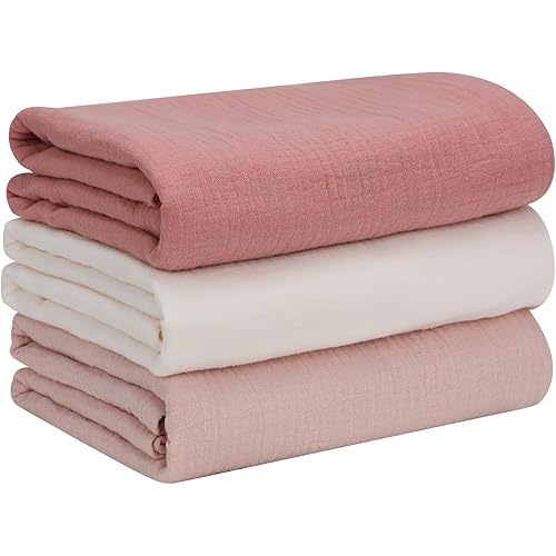 Baby Muslin Swaddle Blankets for Girls, 3-Pack Soft and Breathable Cotton Swaddles, Large 37 x 49 inches Receiving Blankets, Essentials for Newborns, Unisex 003