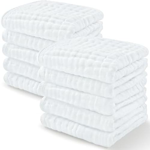 Baby Washcloths, Muslin Cotton Baby Towels, Large 10”x10” Wash Cloths Soft on Sensitive Skin, Absorbent for Boys & Girls, Newborn Baby & Toddlers Essentials Shower Registry (White, Pack of 10)