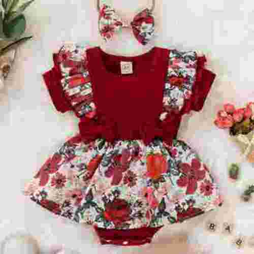 Zukuco Newborn Baby Girl Spring Summer Clothes Ruffle Sleeve Floral Dress Jumpsuit Baby Outfit, Red 9-12 Months
