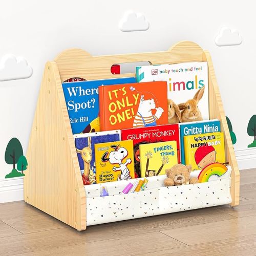 Solid Pine Wood Kids Bookshelf, Double-Sided Nursery Book Shelves, Portable Toddler Bookshelf, Montessori Bookcase, Book Shelf for Kids Rooms, Childrens Book Storage Display for Bedroom Classroom