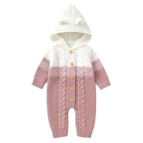 FYMNSI Newborn Baby Girl Boy Hooded Romper Infant Button Down Knitted Jumpsuit Fall Winter Clothes 6-9 Months Pink