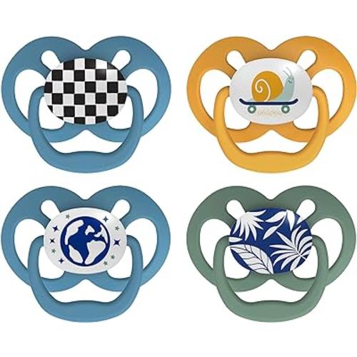Dr. Brown's Advantage Glow-in-the-Dark Baby Pacifier, Fully Symmetrical Soother with Soft Silicone Bulb, Skateboard Snail-Blue Nature, 6-18m, BPA Free, 4 Pack
