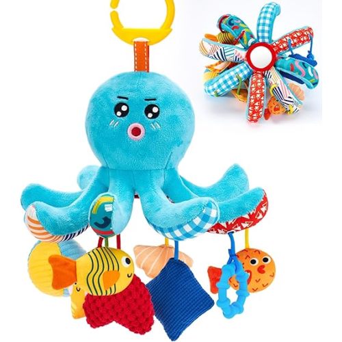 hahaland Baby Toys 0-6 Months - Car Seat Toys Octopus Toy with Pulling Cords, Squeaky, Crinkle, Rattle, Mirror, Montessori Newborn Sensory 4 Month Babies Gift Stroller Carseat Hanging Toy for Baby Gym