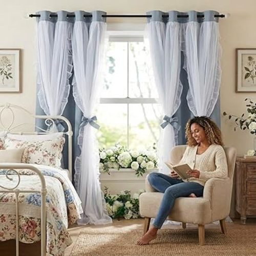 PONY DANCE Double Layer Curtains with Ruffle Sheer Overlay for Whimsical Forest Teen,Shabby Chic Room Darkening Drapes with Tiebacks, 52" Wide x 84" Long, Pigeon Blue, 2 Panels