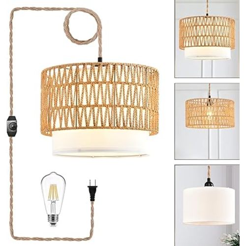 Boho Plug in Pendant Light Rattan Hanging Lights with Plug in Cord,Indoor Hanging Lamp with Dimmer Switch,Wicker Bamboo Woven LampShade Hanging Lamp Plug in for Bedroom Living Room Kitchen Island