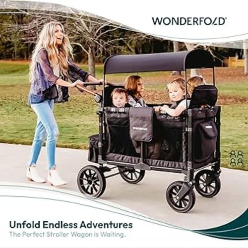 Amazon.com : WONDERFOLD W4 Luxe Stroller Wagon (4 Seater) - Collapsible Wagon Stroller with Seats with Magnetic Buckle 5-Point Harnesses and Sun Canopy, Black : Baby