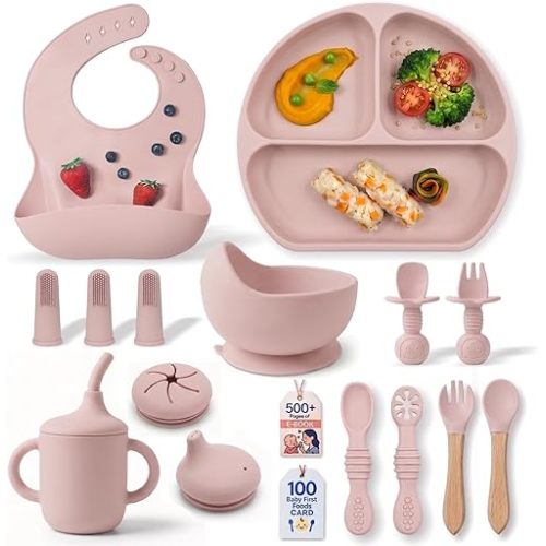 Remonda 17-Piece BPA-Free Baby Silicone Feeding Set | Extra Large Suction Plates, Toddler Bowls, Self Feeding Spoons, and More | Dishwasher Safe| Infant Led Weaning Supplies（Pink）A