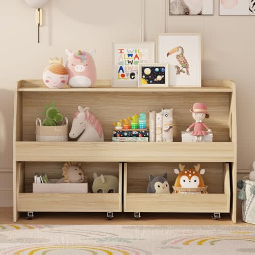 COZPAW Toy Storage Organizer, 2 Tier Montessori Shelf with Movable Bins, Toy Organizers Book Shelf for Kids Room, Playroom, Nursery (Wood)