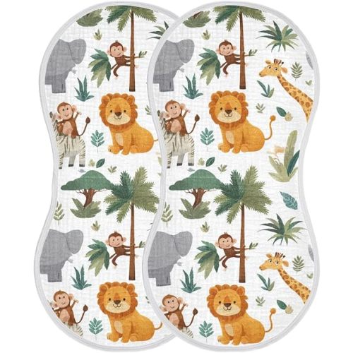 Jungle Animals with Lion & Giraffe Print Muslin Burp Cloths for Baby Boys Girls 2 Pack 100% Cotton Soft Absorbent Burping Cloths 22x11 Inches 4 Layer Burp Cloths Towels for Drool and Messes