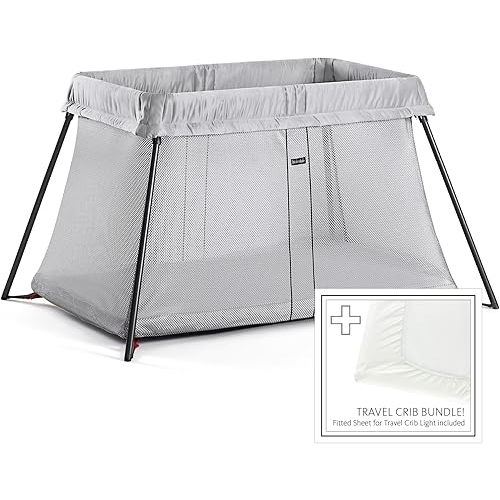 BABYBJORN Travel Crib Light - Silver + Fitted Sheet Bundle Pack