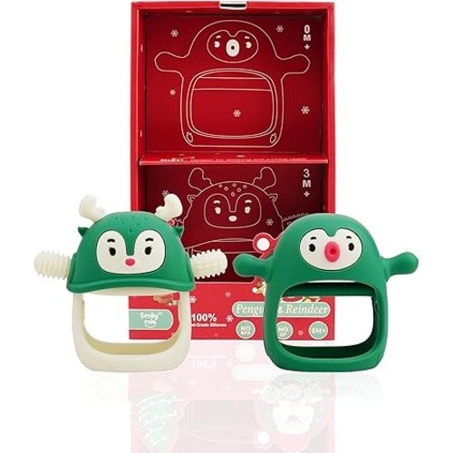 Smily Mia Baby Christmas Stocking Stuffers, Baby Teething Toys丨Penguin Teether for 0-6M, Reindeer Chew Toys for 3-6M,Teething Mittens for 6-12M Babies, Baby Essential New Born Must Haves, Pine Green