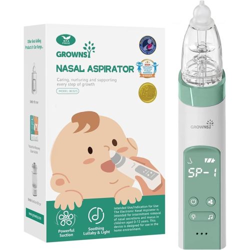 GROWNSY Nasal Aspirator for Baby, Electric Nose Aspirator for Toddler, Baby Nose Sucker, Automatic Nose Cleaner with 3 Silicone Tips, Adjustable Suctions, Music and Light Soothing Function (Green)