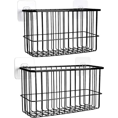 2 Pack Cabinet Door Organizer, Self Adhesive Hanging Storage Basket, No Drill Wall Mounted Inside Cabinet Storage Basket for Pantry Door Kitchen & Bathroom