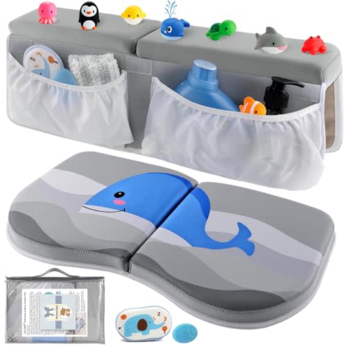 Yalumo Bath Kneeler and Elbow Rest Pad Set for Bathing Baby, Thick Comfortable Bathtub Kneeling Mat with Arm Support Cushion and Toy Organizer Pockets for Babies, Quick Drying Non-Slip Memory Foam