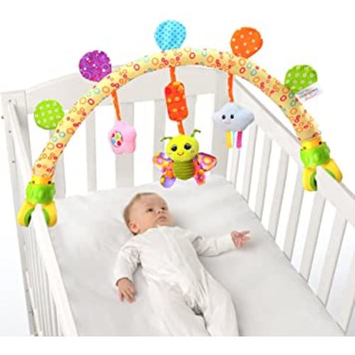 Adjustable Baby Travel Play Arch, Cute Activity Animal Arch Mobile Toys for Bassinet Crib Stroller Pram Car Seat Mobiles with Rattles Wind Chimes BB Squeaker (Yellow)
