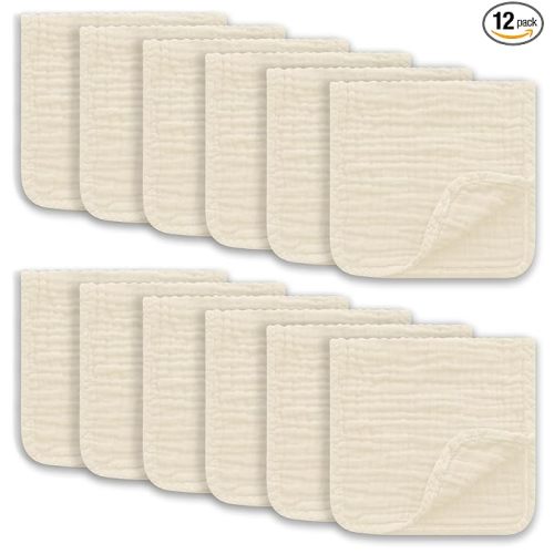Ease Cubs Muslin Burp Cloths Large 100% Cotton Hand Washcloths for Boys & Girls, Baby Essentials Extra Absorbent and Soft Burping Rags for Newborn Registry (Ivory, 12-Pack, 20" X10")