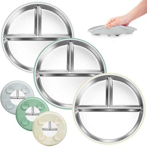 Bella's Friends Stainless Steel Kids Plates Suction Plate for Baby,3 Packs Non-Toxic Divided Toddler Plates,Food-Grade Silicone Plate for Baby,Dishwasher Safe,Grey White Green