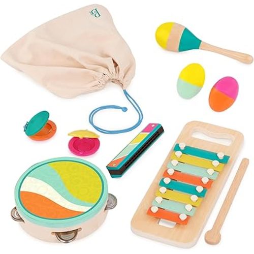 B. toys – Make a Melody – 9 Pieces Wooden Musical Instruments – Xylophone, Tambourine, Harmonica – Drawstring Storage Bag – 2+ Years