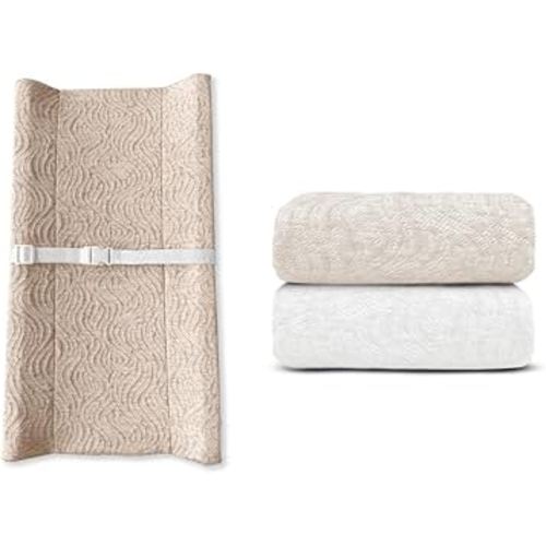 Contoured Changing Pad w/Cover (Oatmilk, Wave) + Replacement Covers - 2 pk (Off White & Oatmilk, Wave)