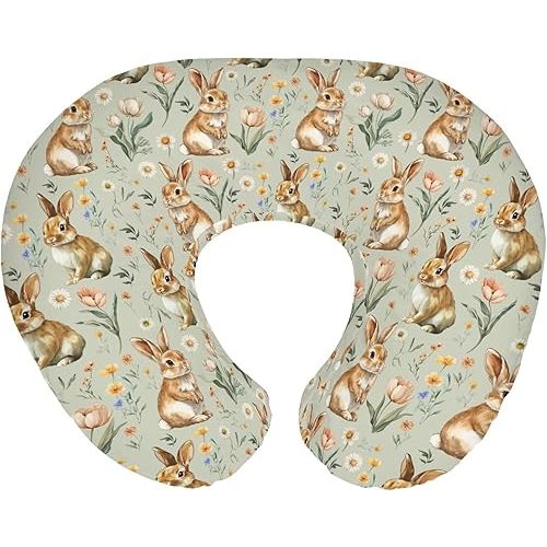 Vintage Rabbit Floral Nursing Pillow Covers for Boy Girl Spring Bunnies Flowers Nursery Feeding Pillowcase for Breastfeeding Pillows Easter Bunny Wildflowers Soft Stretchy Cover for Newborn Infant