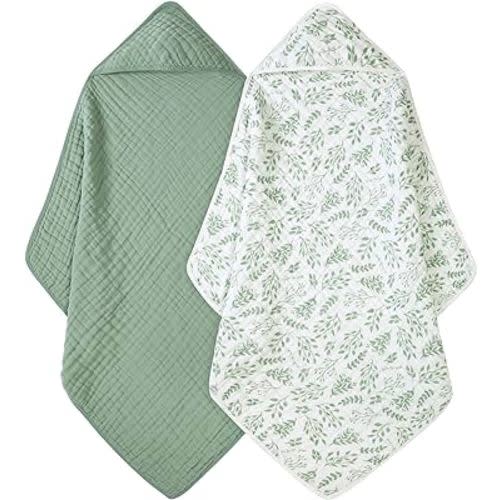 Baby Bath Towels, 100% Muslin Cotton Hooded Baby Towels for Newborn, 2 Pack Baby Towels with Hood for Infant Toddler and Kids, Large 32x32Inch, Soft and Absorbent