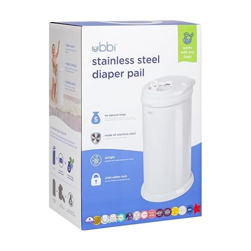 Ubbi Steel Diaper Pail, Odor Locking, No Special Bag Required, Award-Winning, Registry Must-Have, White