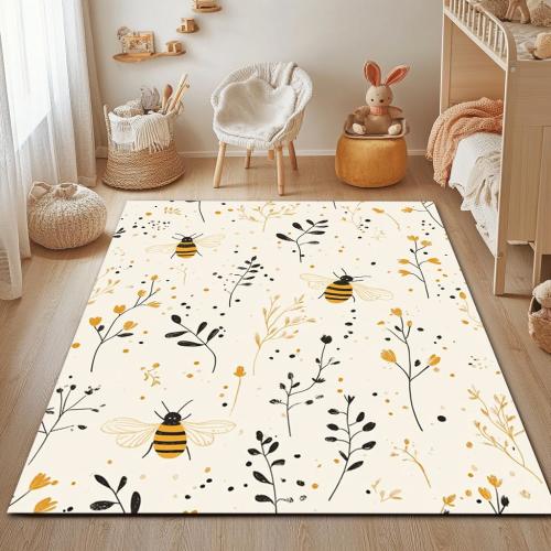 Bee and Flower Nursery Decor - Floral Rug for Baby's Room - Honey Bee Rug for Kids
