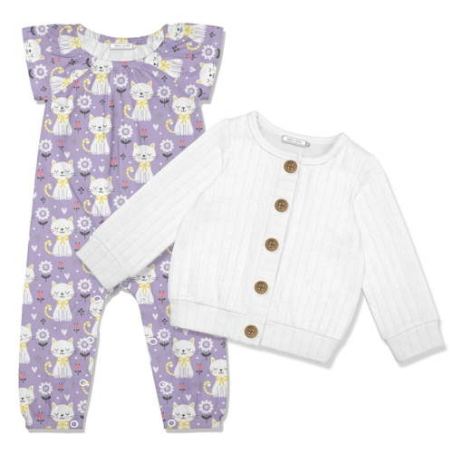 Millie Loves Lily Female Purple Kitten Corner Cap-Sleeve Playsuit & White Cardigan (3M-3T)