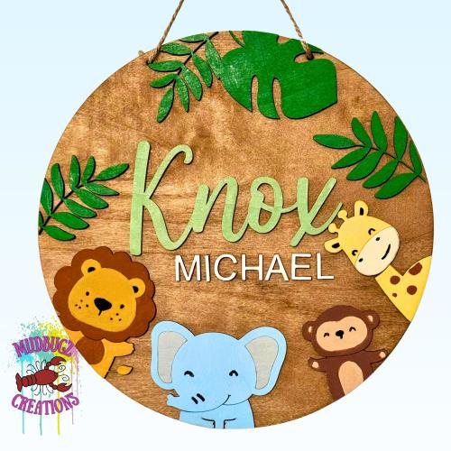 Personalized Jungle Animals Safari Baby Nursery 3D Laser Cut Wood Door Hanger Sign