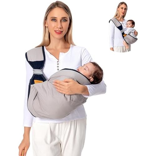 Baby Sling Carrier, Baby Carrier Newborn to Toddler(7-45lbs), Toddler Carrier with Safety Buckle, One Shoulder Adjustable Shoulder Strap, One Size Fits All, Grey