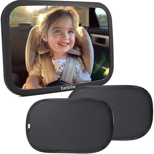 Funbliss Bar Mirror for Baby + 2 Pack Car Window Shades Bundle, UPF 50+ Window Shade for Baby in Car, 360° Rotation Fully-Adjustable Straps