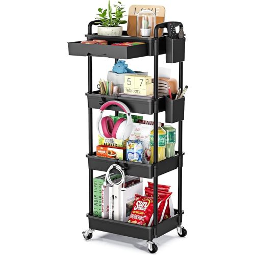 4 Tier Rolling Utility Cart with Drawer, Utility Storage Organizer with Plastic Shelf & Lockable Wheels Multifunctional Storage Cart for Kitchen, Bathroom, Office, Living Room, Black