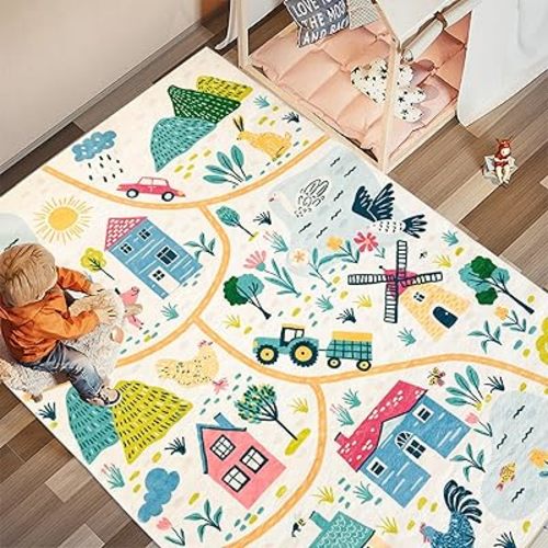 Kids Play Mat 4x6Ft Farm Animal Area Rug for Bedroom Playroom Classroom Boys Girls Road Car Educational Children Vehicle Track Rug for Indoor Home Decor