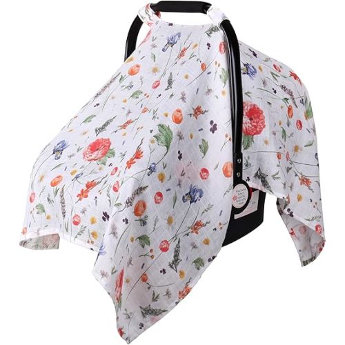 Rquite Car Seat Cover Baby, Carseat Covers Baby for Girl Boy, Muslin Cotton Infant Car Seat Cover, Lightweight Car Seat Canopy, Breathable Baby Carrier Cover, Summer Stroller Sun Shade, Floral