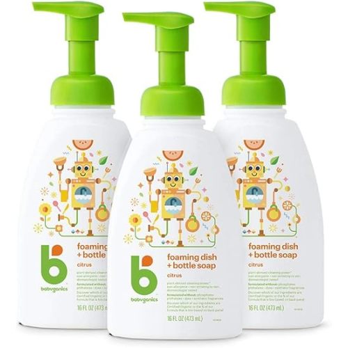Babyganics Foaming Dish & Bottle Soap, Pump Bottle, Citrus, Plant-Derived Cleaning Power, Removes Dried Milk, 16 Fl Oz (Pack of 3), Packaging May Vary