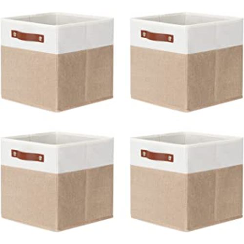 DULLEMELO 11 inch Cube Storage Bins,Fabric Storage Cubes for Organizing,Collapsible Foldable Linen Canvas Closet Storage Bins for Shelves Closet Bedroom Toys Home Office(White&Khaki)