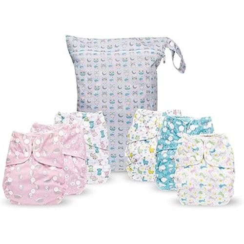 Simple Being Reusable Cloth Diapers, Double Gusset, One Size Adjustable, Washable Soft Absorbent, Waterproof Cover, Eco-Friendly Unisex Baby Girl Boy, six 4-Layers Microfiber Inserts (Girl Animals)
