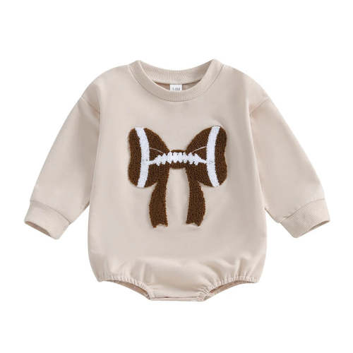 Baby Girl Bubble Romper Long Sleeve Crew Neck Bow Football Print Fall – August + Willow