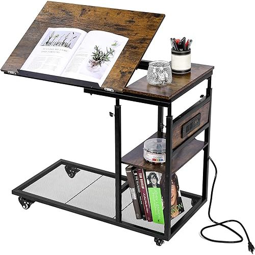 TQVAI Large C-Shaped End Table with Fast Charging Station Adjustable Tilting Top Sofa Couch Side Table Bedside Nightstand with Lockable Wheels for Living Room, Bedroom, Black/Antique