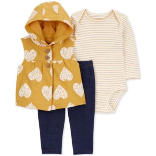 Baby Girl 3-Pc. Heart Hooded Vest, Striped Bodysuit & Solid Pants