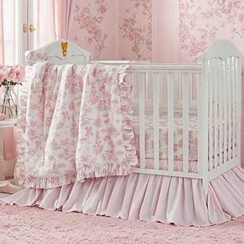 Brandream French Country Toile Crib Bedding Set for Girls Vintage Pink Toile Floral Print 100% Cotton Baby Girl Nursery Bedding Collection - Ruffles Quilt,Toile Crib Sheet,Crib Bed Skirt 3 Pieces