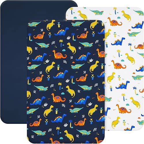 david's kids 3 Pack Mini Crib Sheets, Soft Breathable Premium Pack N Play Sheets for Baby Boys Girls Neutral, Playard and Mini Crib Mattresses, Dinosaur